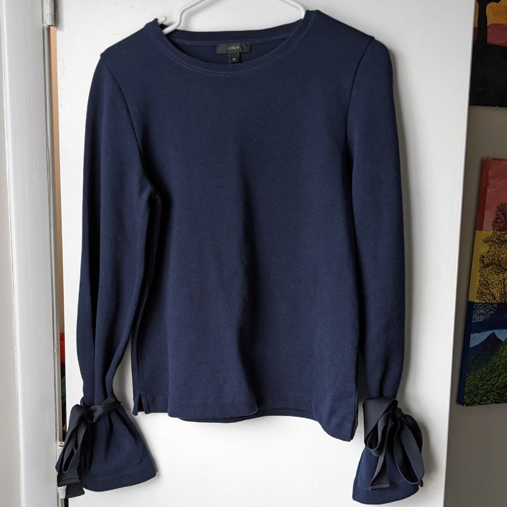 J. Crew Navy Blue Ribbon Sleeves Sweater Size XS